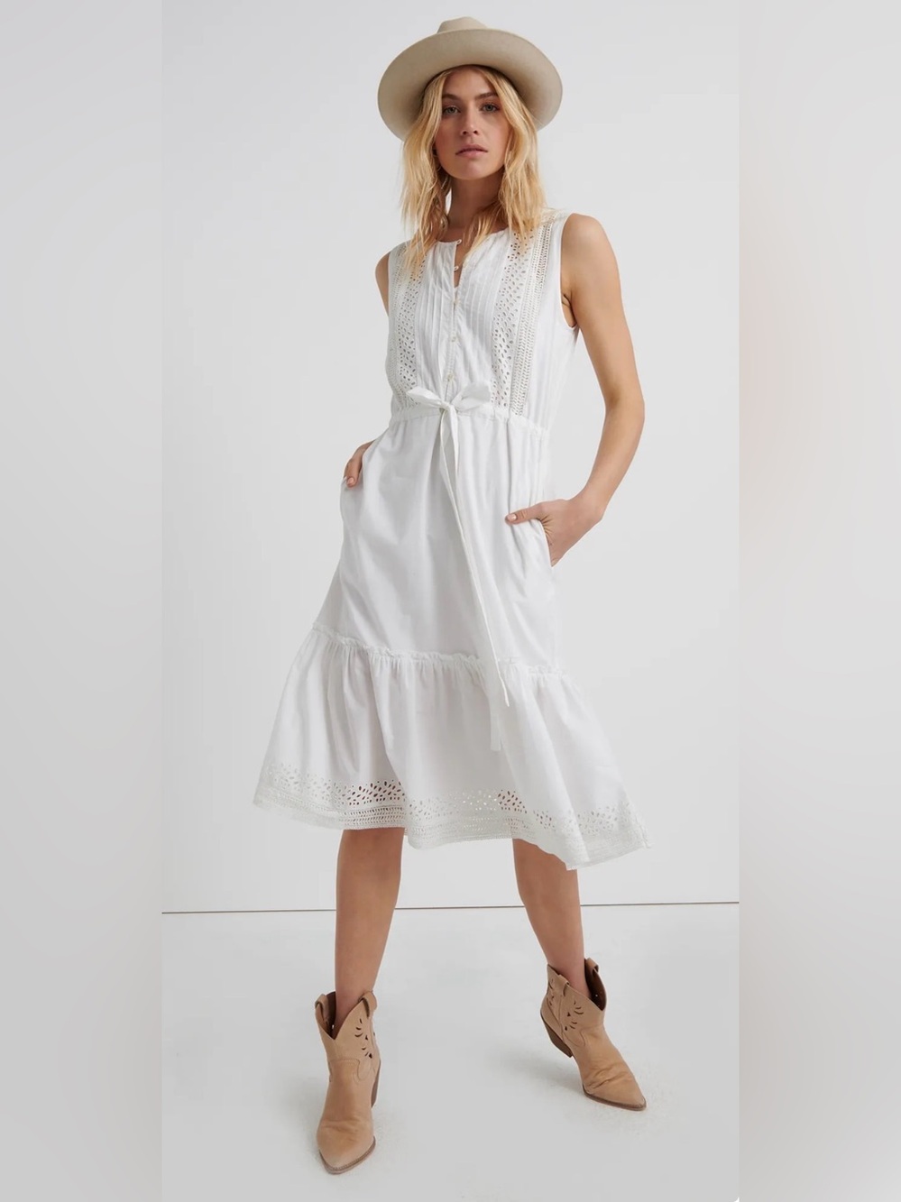 Lucky Brand Sleeveless White Eyelet Midi Dress with Tie Waist Sz XS NWT
